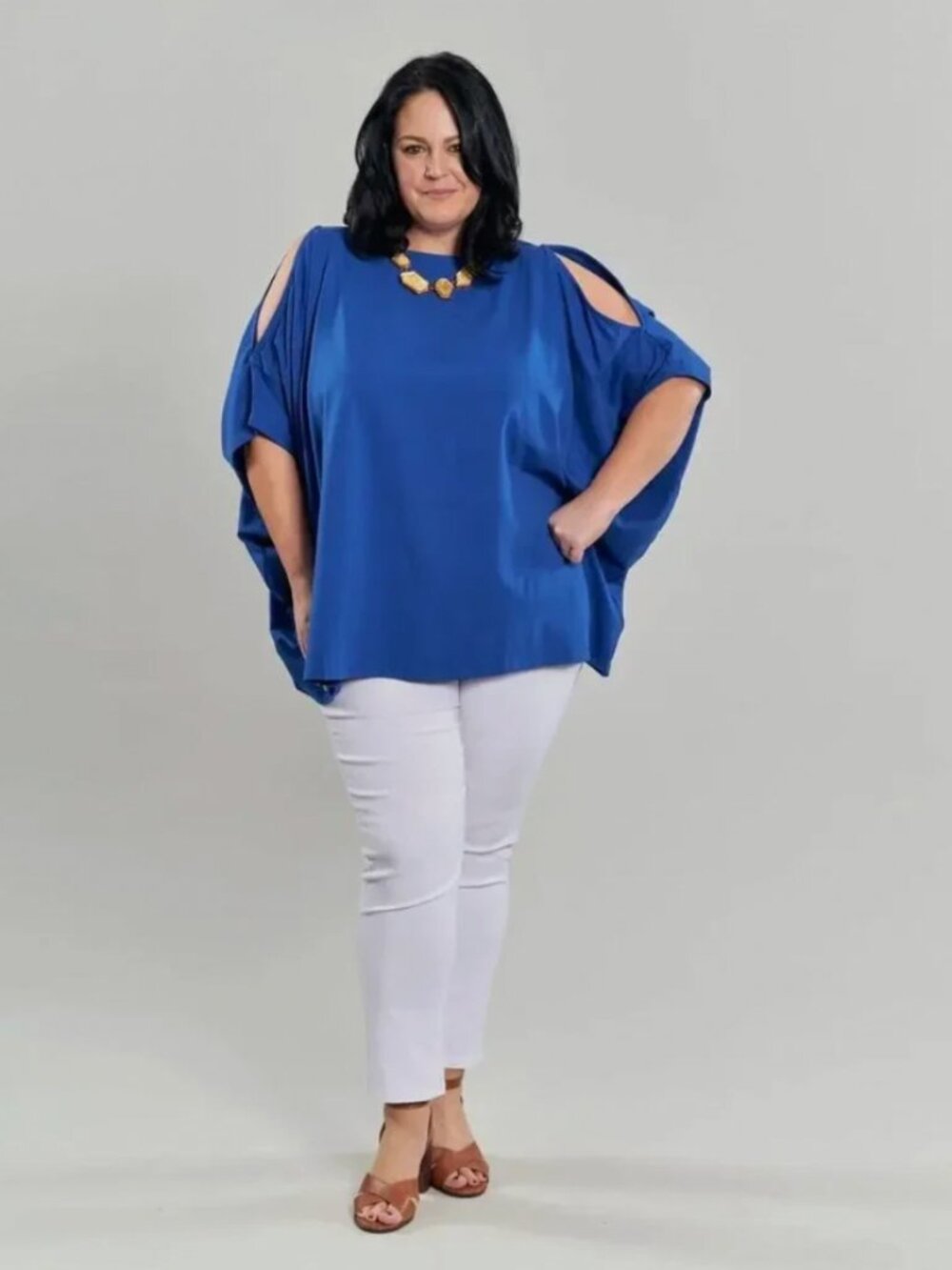 Alembika 2XL Boxy Dolman Top Bazooka Blue Cold Shoulder Oversize Stretch NWT